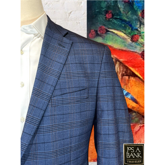 Jos A Bank Traveler Mens 44R Blue Burgundy Plaid Casual Sport Coat Blazer - Picture 4 of 14